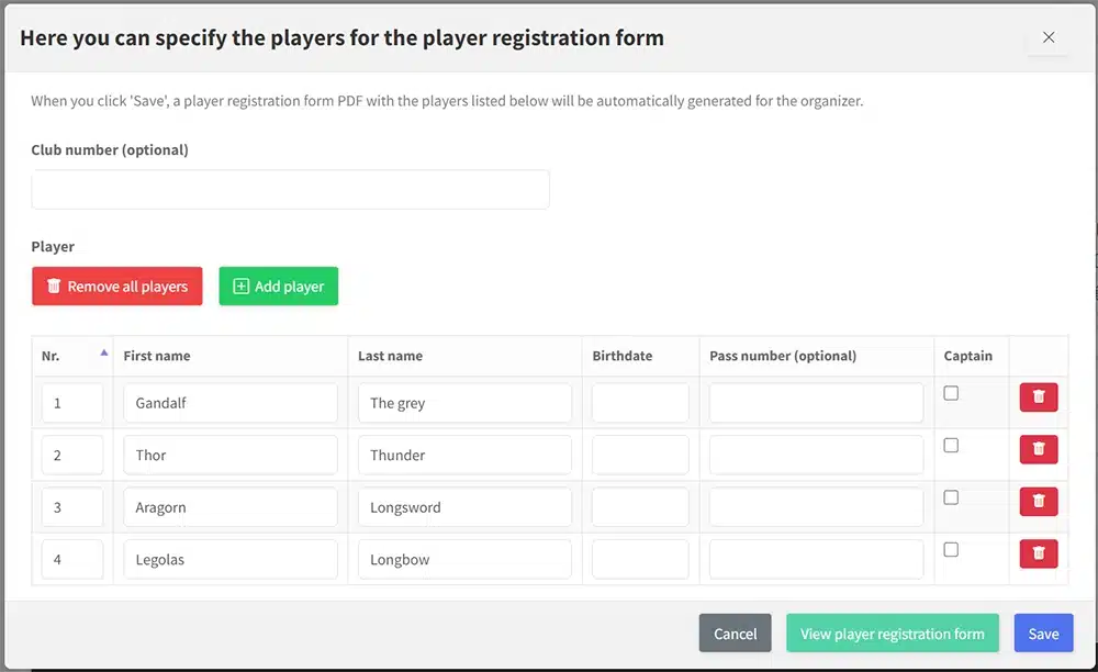 Player registration form