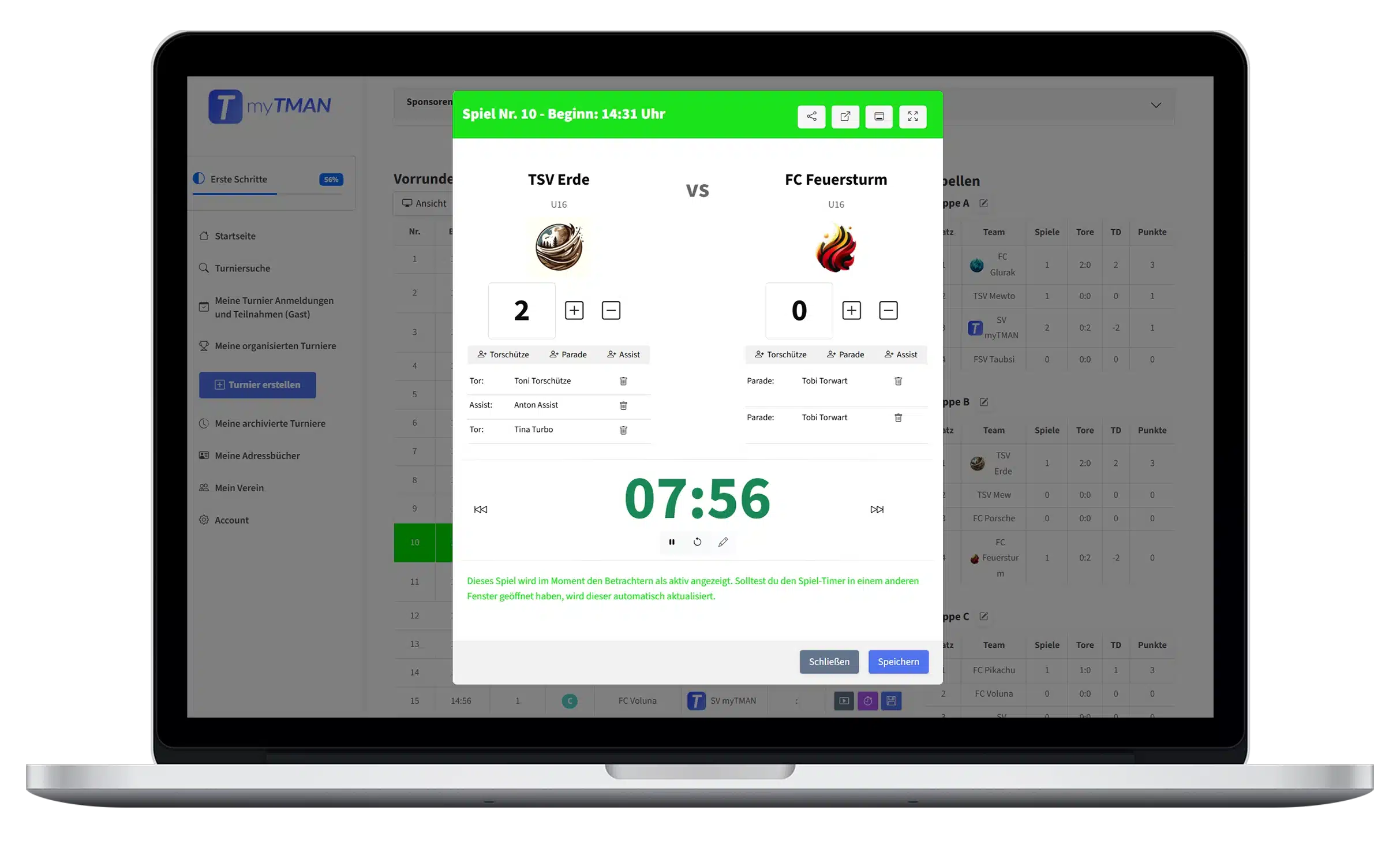 Spiel Timer Admin Vue d'administration du chronomètre de match
